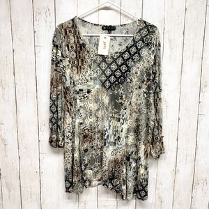 N Touch Patchwork Print Tunic Womens Size L Brown Grey 3/4 Sleeve Knit Top
